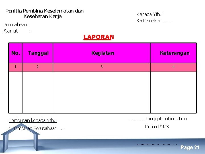 Panitia Pembina Keselamatan dan Kesehatan Kerja Kepada Yth. : Ka. Disnaker ……… Perusahaan :