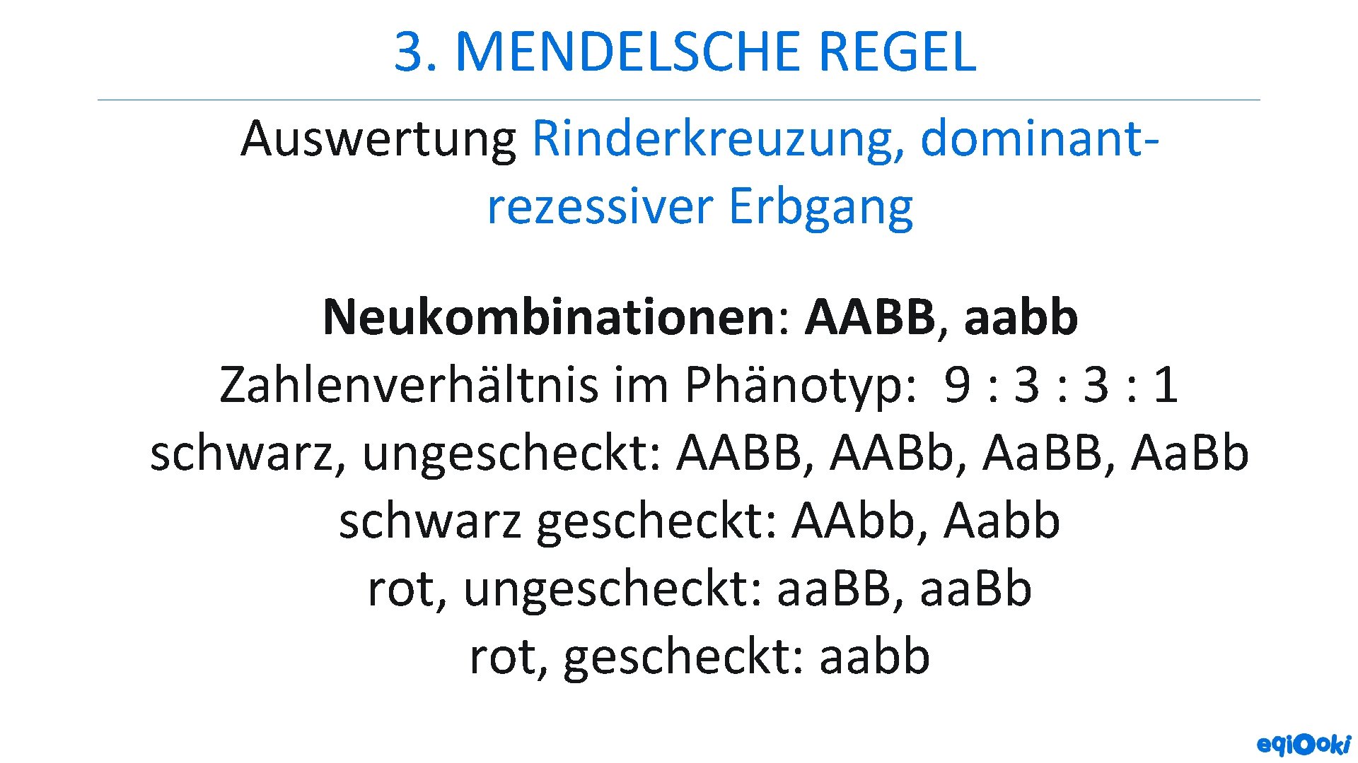 3. MENDELSCHE REGEL Auswertung Rinderkreuzung, dominantrezessiver Erbgang Neukombinationen: AABB, aabb Zahlenverhältnis im Phänotyp: 9