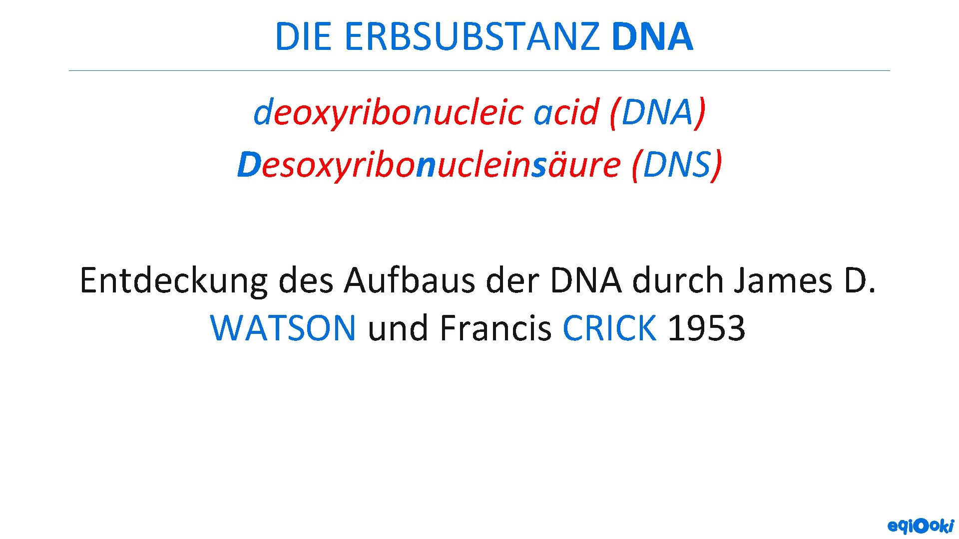 DIE ERBSUBSTANZ DNA deoxyribonucleic acid (DNA) Desoxyribonucleinsäure (DNS) Entdeckung des Aufbaus der DNA durch