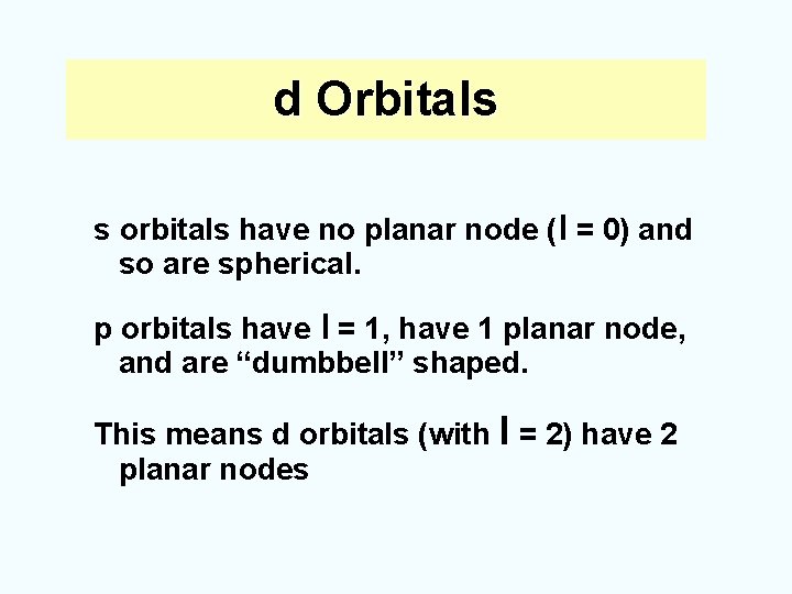 d Orbitals s orbitals have no planar node (l = 0) and so are