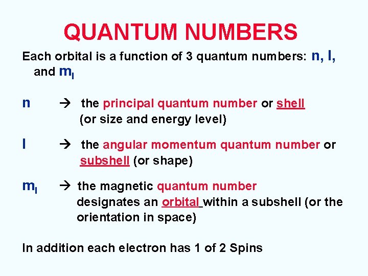 QUANTUM NUMBERS Each orbital is a function of 3 quantum numbers: n, l, and