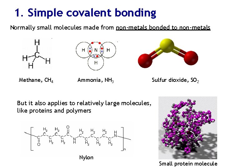 1. Simple covalent bonding Normally small molecules made from non-metals bonded to non-metals Methane,