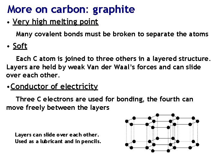 More on carbon: graphite • Very high melting point Many covalent bonds must be
