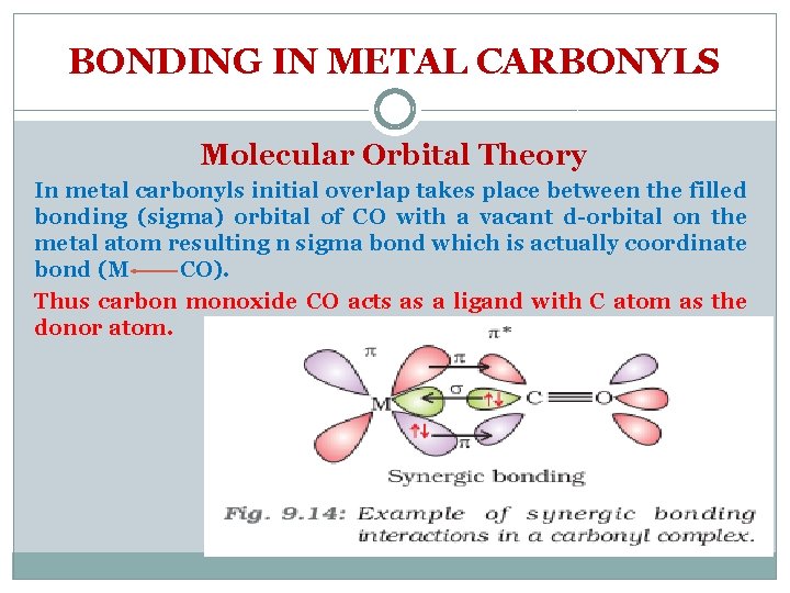 BONDING IN METAL CARBONYLS Molecular Orbital Theory In metal carbonyls initial overlap takes place