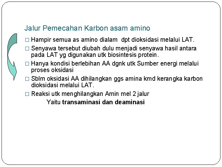 Jalur Pemecahan Karbon asam amino � Hampir semua as amino dialam dpt dioksidasi melalui