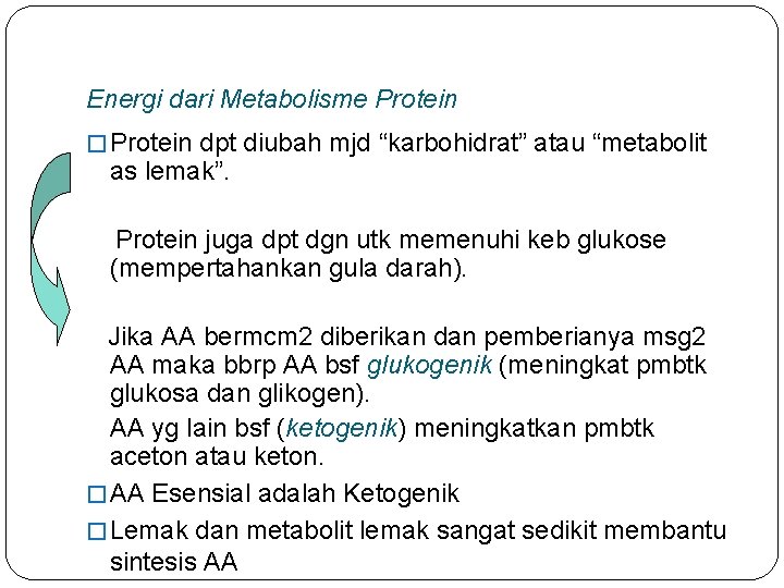 Energi dari Metabolisme Protein � Protein dpt diubah mjd “karbohidrat” atau “metabolit as lemak”.