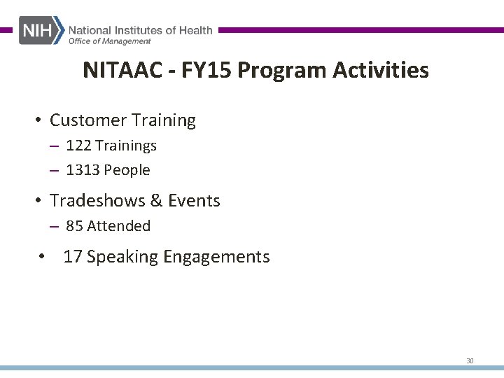 NITAAC - FY 15 Program Activities • Customer Training – 122 Trainings – 1313