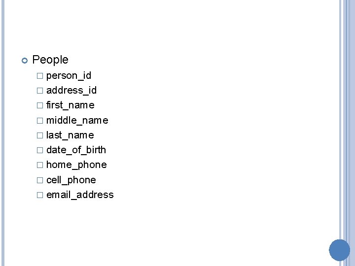  People � person_id � address_id � first_name � middle_name � last_name � date_of_birth
