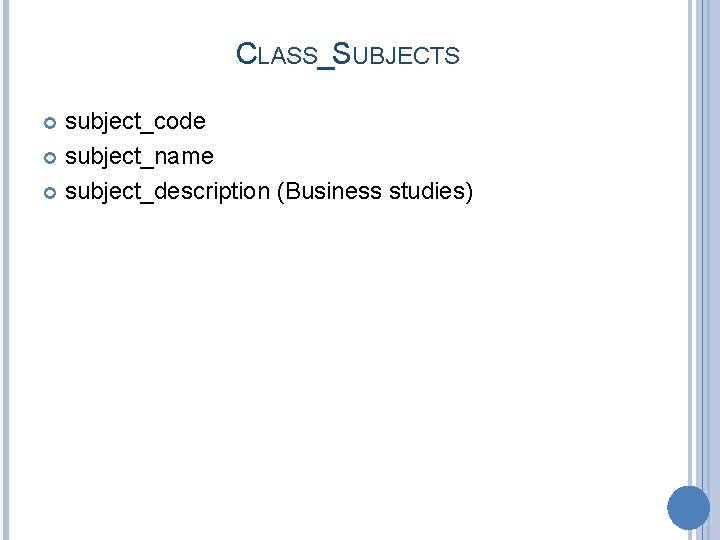 CLASS_SUBJECTS subject_code subject_name subject_description (Business studies) 