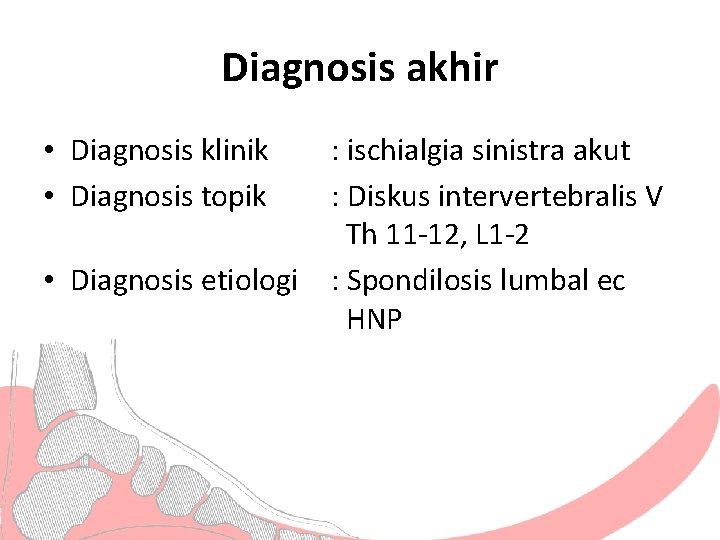 Diagnosis akhir • Diagnosis klinik • Diagnosis topik • Diagnosis etiologi : ischialgia sinistra