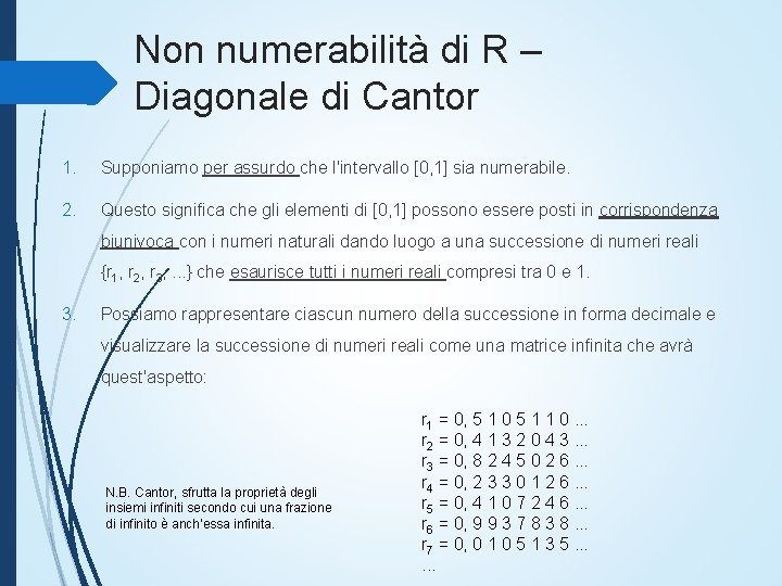 Non numerabilità di R – Diagonale di Cantor 1. Supponiamo per assurdo che l'intervallo