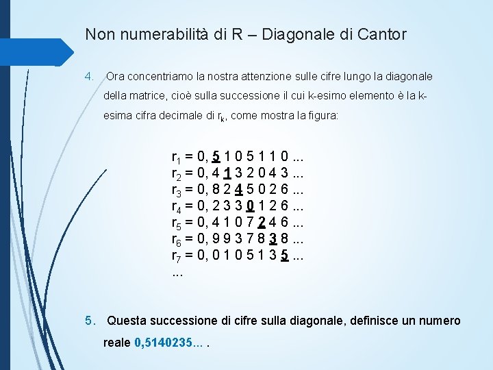 Non numerabilità di R – Diagonale di Cantor 4. Ora concentriamo la nostra attenzione