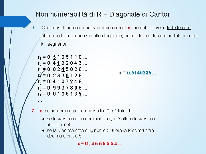 Non numerabilità di R – Diagonale di Cantor 6. Ora consideriamo un nuovo numero