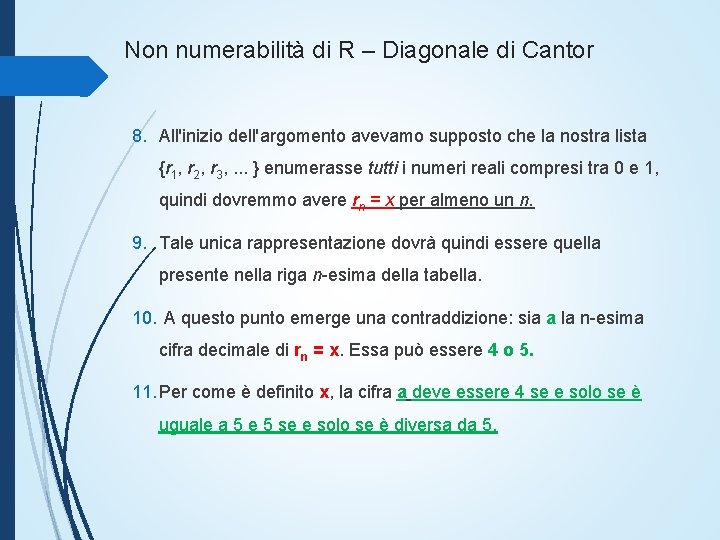 Non numerabilità di R – Diagonale di Cantor 8. All'inizio dell'argomento avevamo supposto che