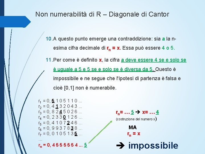 Non numerabilità di R – Diagonale di Cantor 10. A questo punto emerge una