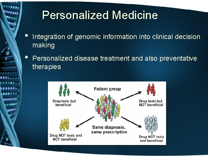 Personalized Medicine • Integration of genomic information into clinical decision making • Personalized disease