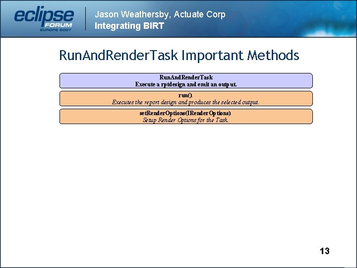 Jason Weathersby, Actuate Corp Integrating BIRT Run. And. Render. Task Important Methods Run. And.