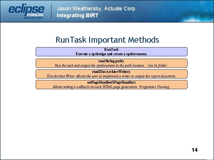 Jason Weathersby, Actuate Corp Integrating BIRT Run. Task Important Methods Run. Task Execute a