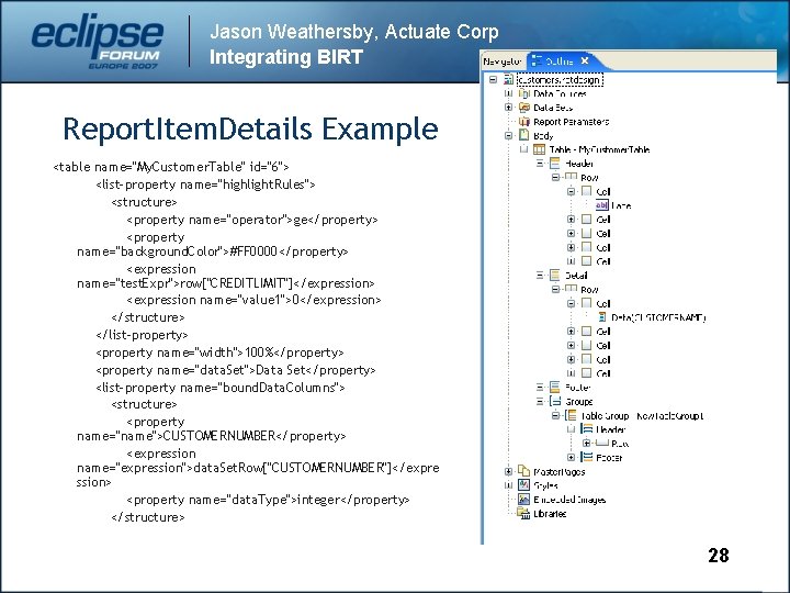 Jason Weathersby, Actuate Corp Integrating BIRT Report. Item. Details Example <table name="My. Customer. Table"