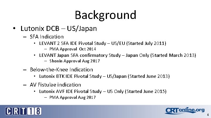 Background • Lutonix DCB – US/Japan – SFA Indication • LEVANT 2 SFA IDE