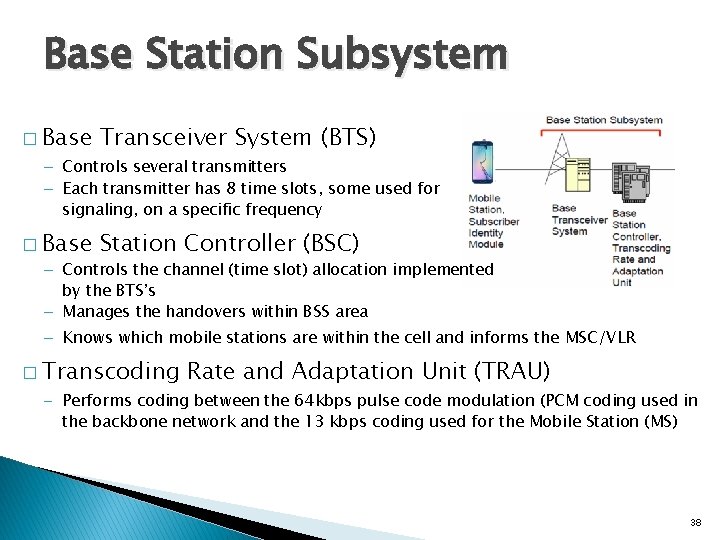 Base Station Subsystem � Base Transceiver System (BTS) – Controls several transmitters – Each