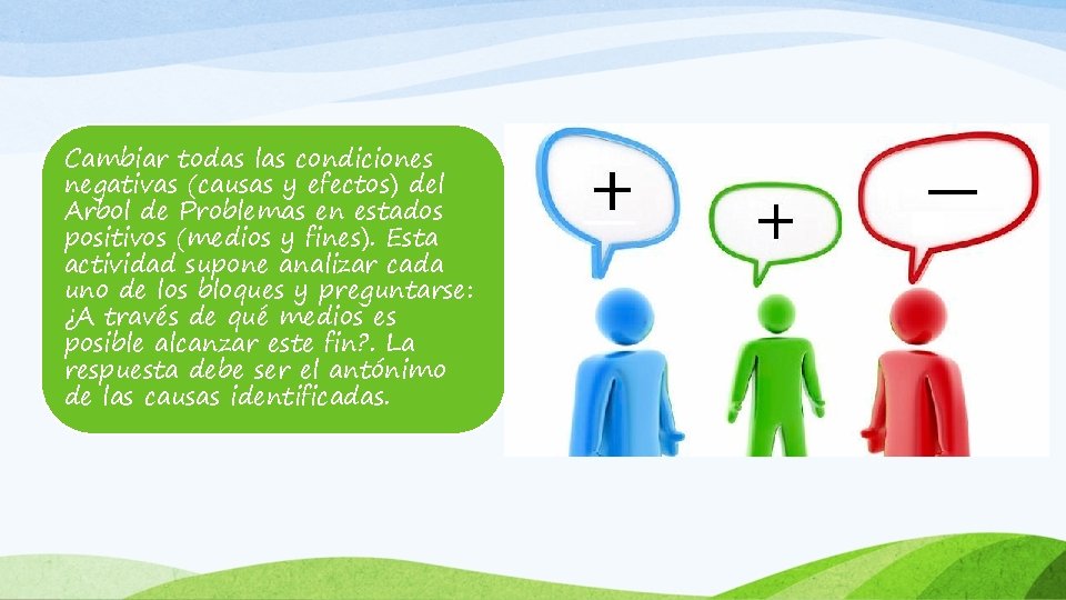 Cambiar todas las condiciones negativas (causas y efectos) del Arbol de Problemas en estados