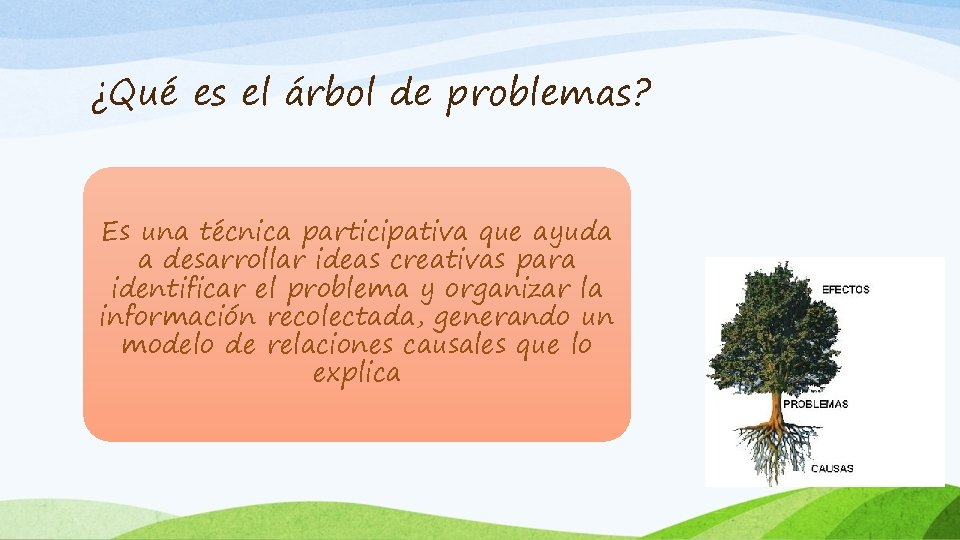 ¿Qué es el árbol de problemas? Es una técnica participativa que ayuda a desarrollar