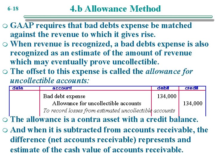 6 -18 4. b Allowance Method GAAP requires that bad debts expense be matched