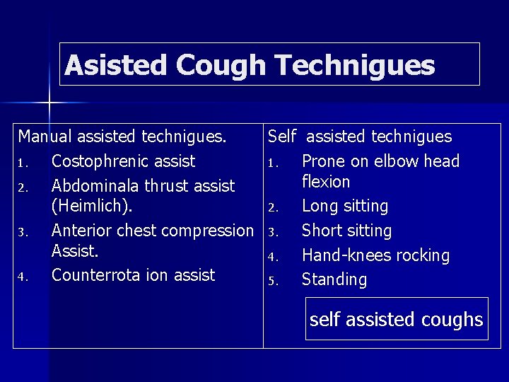 Asisted Cough Technigues Manual assisted technigues. Self assisted technigues 1. Costophrenic assist 1. Prone