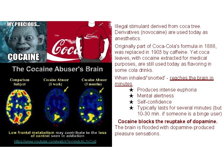 Illegal stimulant derived from coca tree. Derivatives (novocaine) are used today as anesthetics. Originally