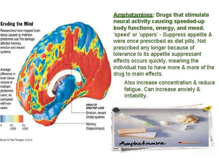 Amphetamines: Drugs that stimulate neural activity causing speeded-up body functions, energy, and mood. ‘speed’