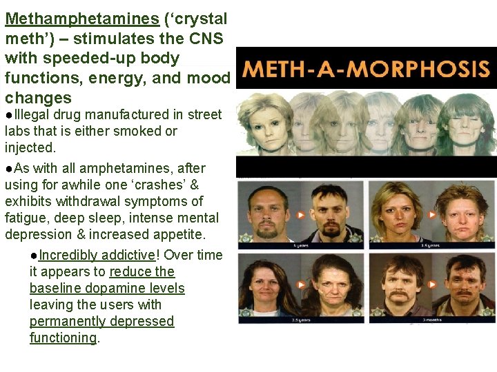 Methamphetamines (‘crystal meth’) – stimulates the CNS with speeded-up body functions, energy, and mood