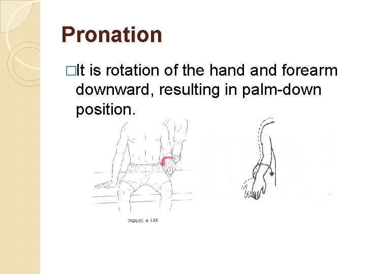 Pronation �It is rotation of the hand forearm downward, resulting in palm-down position. 