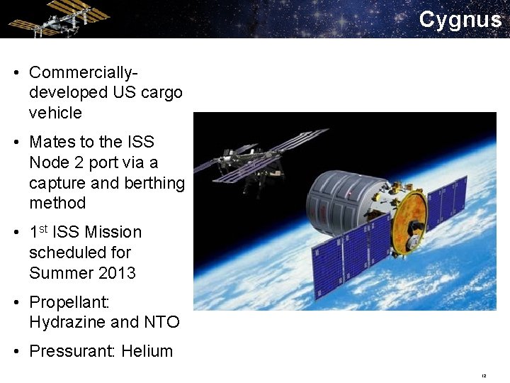 Cygnus • Commerciallydeveloped US cargo vehicle • Mates to the ISS Node 2 port