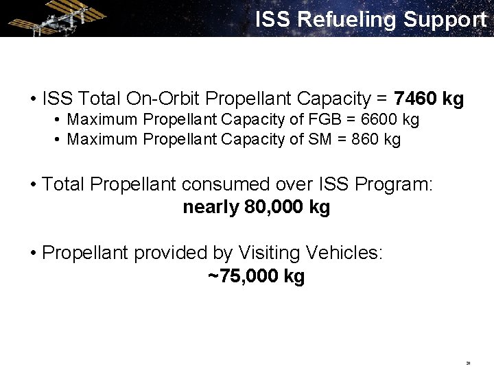 ISS Refueling Support • ISS Total On-Orbit Propellant Capacity = 7460 kg • Maximum