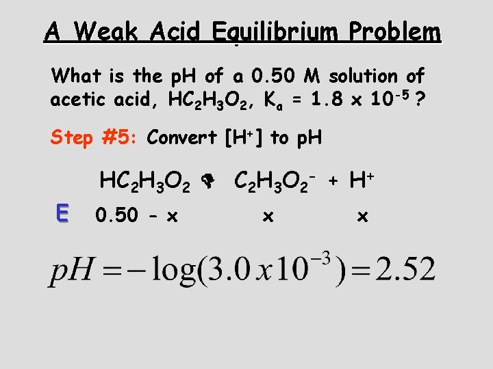 A Weak Acid Equilibrium Problem What is the p. H of a 0. 50