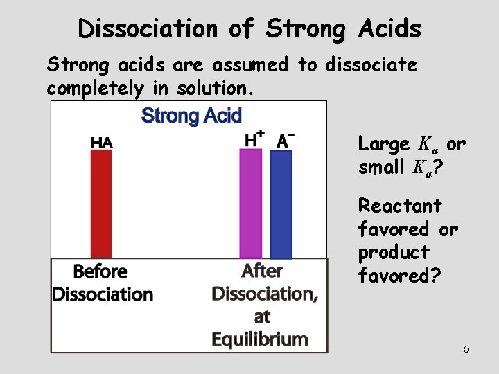 Dissociation of Strong Acids Strong acids are assumed to dissociate completely in solution. Large