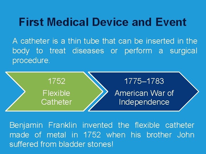 First Medical Device and Event A catheter is a thin tube that can be