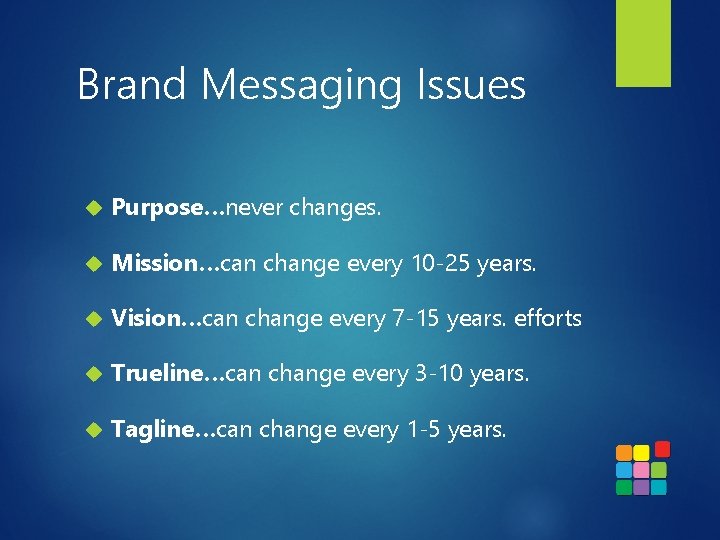 Brand Messaging Issues Purpose…never changes. Mission…can change every 10 -25 years. Vision…can change every