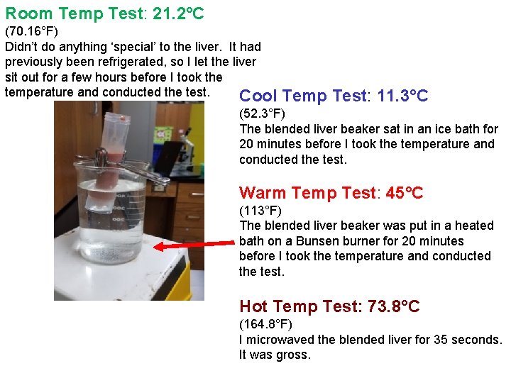 Room Temp Test: 21. 2°C (70. 16°F) Didn’t do anything ‘special’ to the liver.