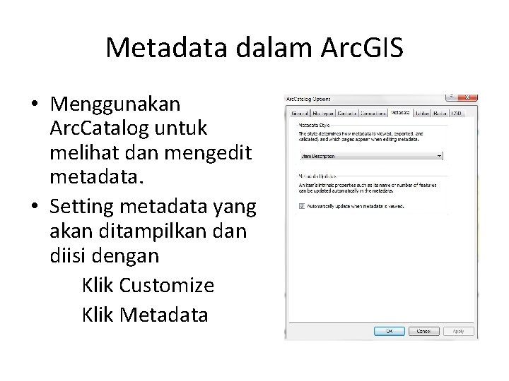 Metadata dalam Arc. GIS • Menggunakan Arc. Catalog untuk melihat dan mengedit metadata. •