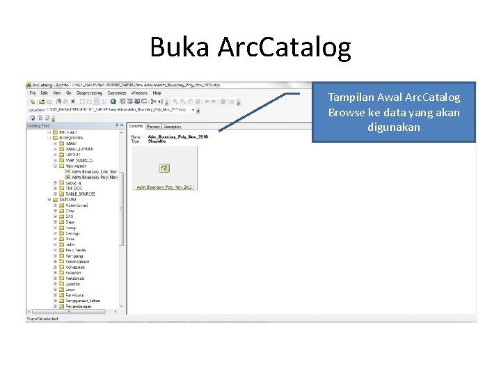 Buka Arc. Catalog Tampilan Awal Arc. Catalog Browse ke data yang akan digunakan 