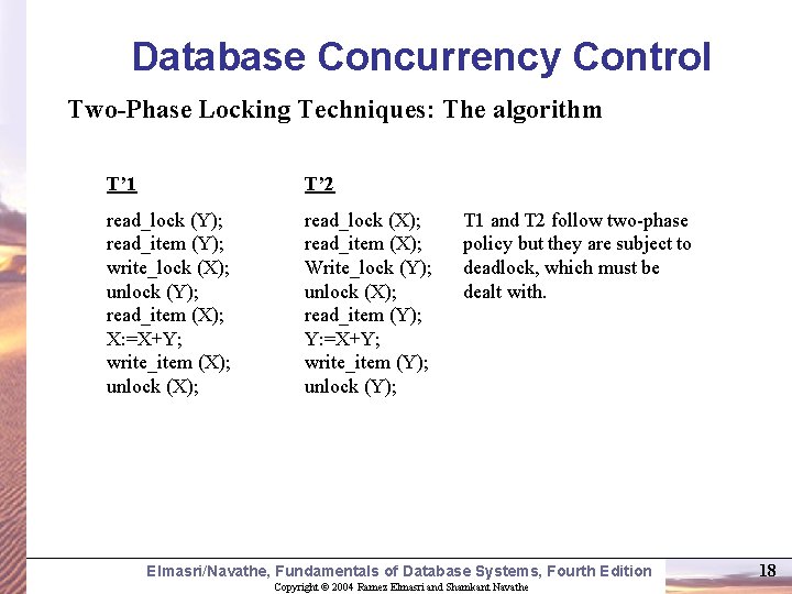Database Concurrency Control Two-Phase Locking Techniques: The algorithm T’ 1 T’ 2 read_lock (Y);