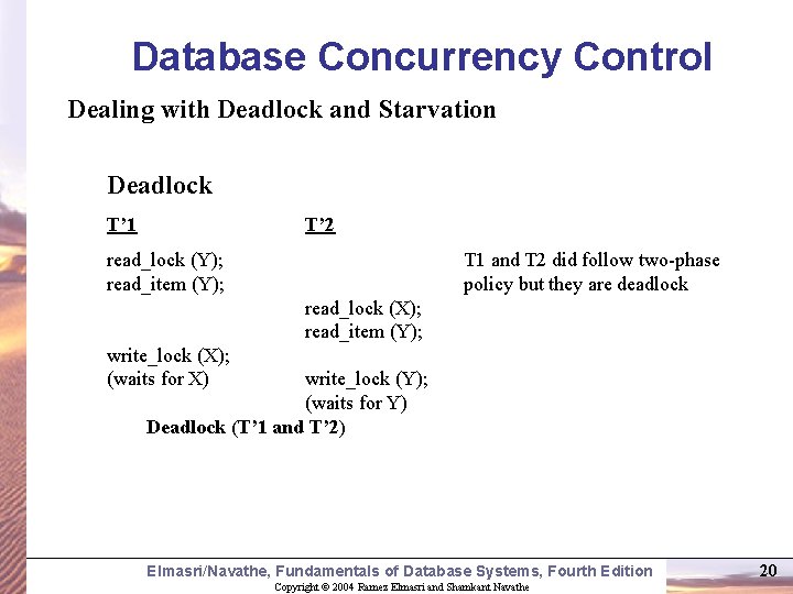 Database Concurrency Control Dealing with Deadlock and Starvation Deadlock T’ 1 T’ 2 read_lock