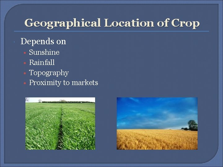 Geographical Location of Crop Depends on • • Sunshine Rainfall Topography Proximity to markets