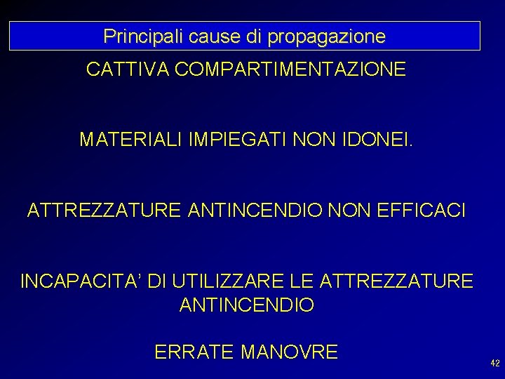 Principali cause di propagazione CATTIVA COMPARTIMENTAZIONE MATERIALI IMPIEGATI NON IDONEI. ATTREZZATURE ANTINCENDIO NON EFFICACI