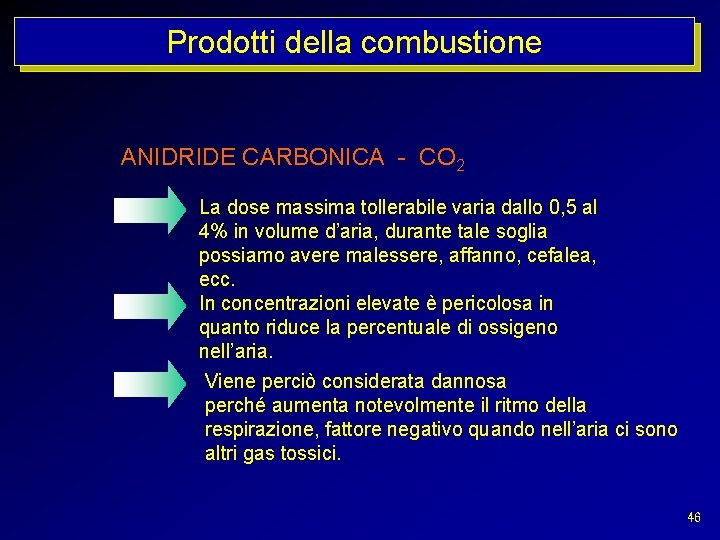 Prodotti della combustione ANIDRIDE CARBONICA - CO 2 La dose massima tollerabile varia dallo