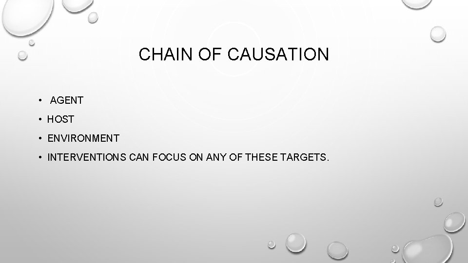 CHAIN OF CAUSATION • AGENT • HOST • ENVIRONMENT • INTERVENTIONS CAN FOCUS ON