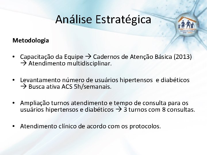 Análise Estratégica Metodologia • Capacitação da Equipe Cadernos de Atenção Básica (2013) Atendimento multidisciplinar.