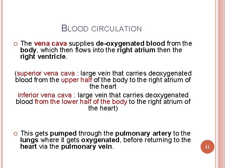 BLOOD CIRCULATION The vena cava supplies de-oxygenated blood from the body, which then flows BLOOD CIRCULATION The vena cava supplies de-oxygenated blood from the body, which then flows